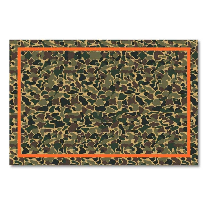 Paper placemat with a green camouflage pattern and a bright orange border on durable linen-textured paper.