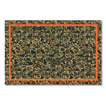 Paper placemat with a green camouflage pattern and a bright orange border on durable linen-textured paper.