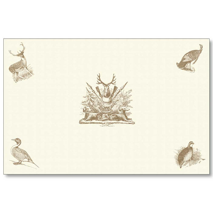 Cream-colored linen paper placemat featuring brown sporting illustrations of deer, birds, and a central hunting crest.