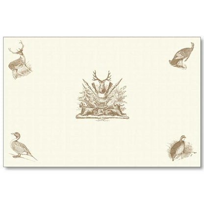 Cream-colored linen paper placemat featuring brown sporting illustrations of deer, birds, and a central hunting crest.