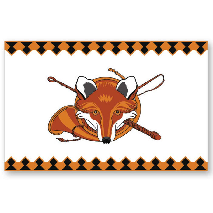 Sporting-themed paper placemat featuring a fox illustration and orange geometric borders on linen-textured paper.