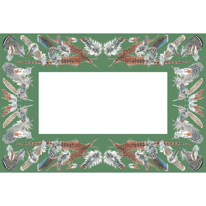 Green linen paper placemat featuring a decorative border of detailed watercolor game bird feathers.