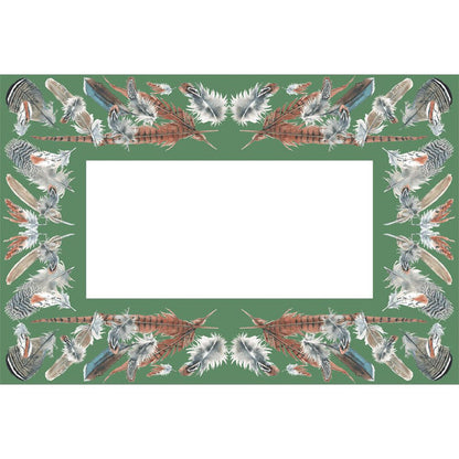 Green linen paper placemat featuring a decorative border of detailed watercolor game bird feathers.