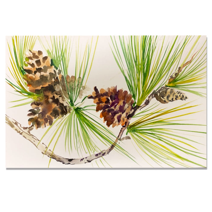 Watercolor paper placemat featuring a detailed pinecone and green pine needle design on durable linen-textured paper.