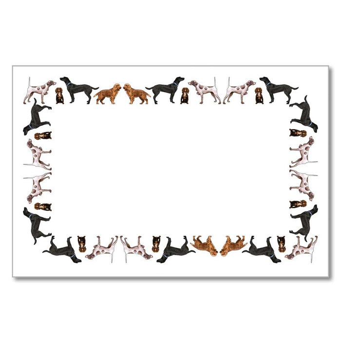 Sporting-themed paper placemat with a border of illustrated hunting dogs on high-quality white linen paper.
