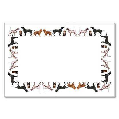 Sporting-themed paper placemat with a border of illustrated hunting dogs on high-quality white linen paper.