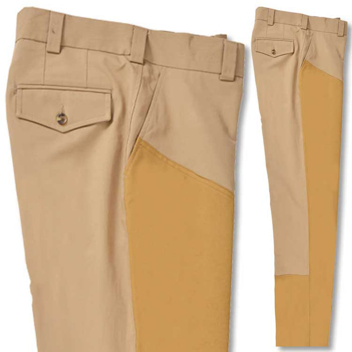 Tan stretch poplin hunting pants with reinforced leg panels, button-flap back pockets, and belt loops.