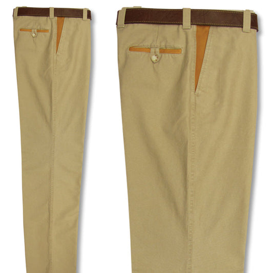 Tan cotton stretch canvas pants with suede trim detailing and a plain front, shown from side and front angles.