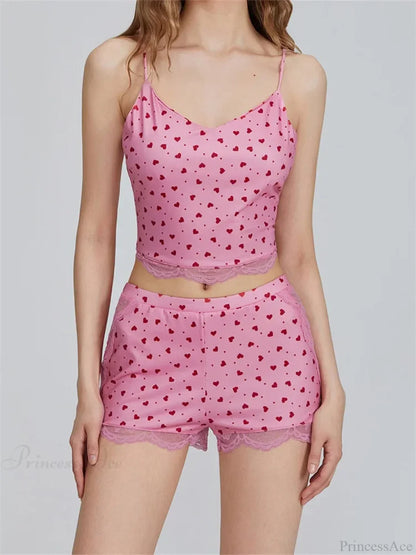 Lace Patchwork Heart Print Camis Crop Top with Casual Shorts Pajama Set
