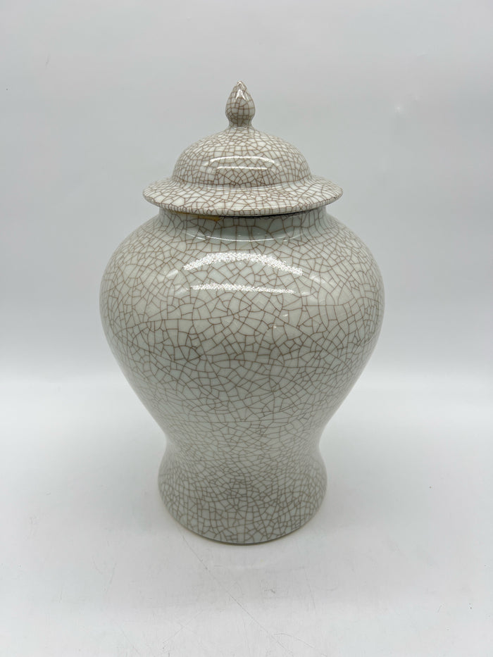 LIDDED GINGER JAR GREY CRACKLE GLAZE