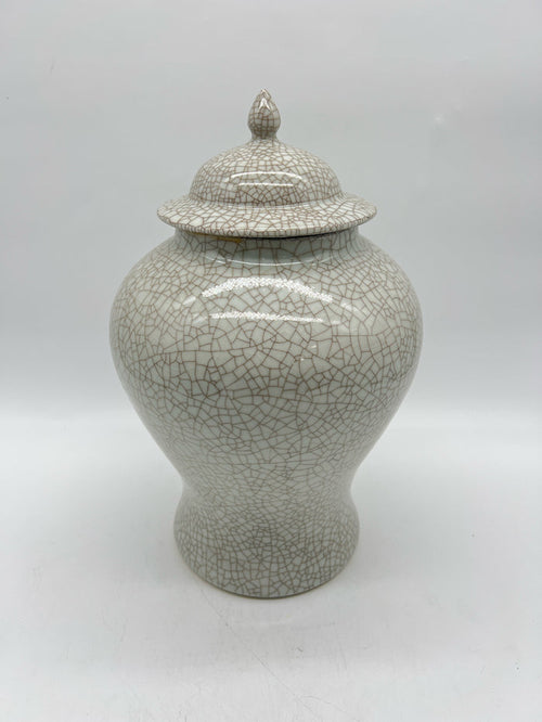 LIDDED GINGER JAR GREY CRACKLE GLAZE
