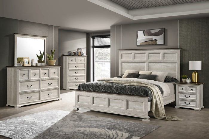 Close-up of the Lifestyle Furniture Vertical Mirror, showcasing its distressed white frame and contrasting dark wood-look top, perfectly complementing the matching dresser.