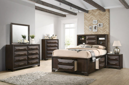 Close-up view of the vertical mirror on a matching dresser, highlighting its dark wood frame and reflective surface.