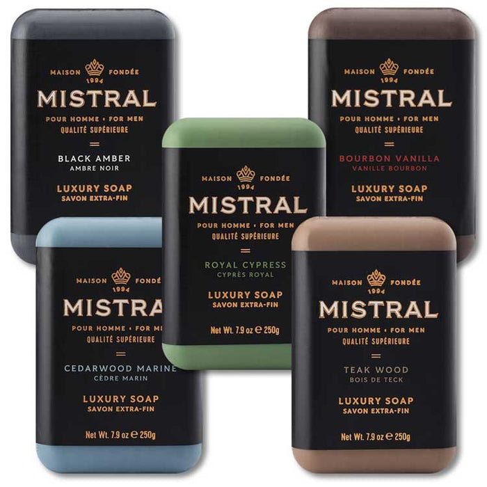 Five rectangular Mistral men's luxury soap bars in various colors with elegant black labels and gold text.