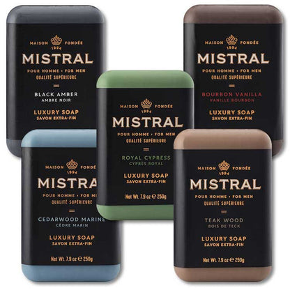 Five rectangular Mistral men's luxury soap bars in various colors with elegant black labels and gold text.
