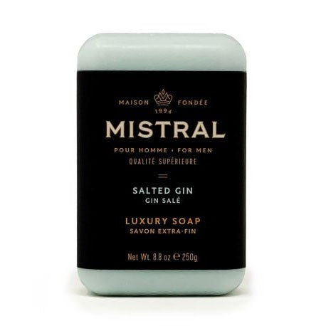 Mistral Salted Gin luxury bar soap for men in a pale green block with a black label and elegant gold typography.