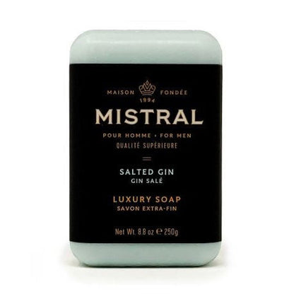 Mistral Salted Gin luxury bar soap for men in a pale green block with a black label and elegant gold typography.