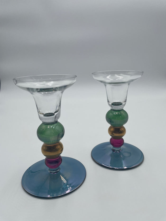 PAIR OF GLASS CANDLE STICK HOLDERS COLORFUL BEADED BASE