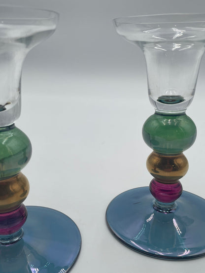 PAIR OF GLASS CANDLE STICK HOLDERS COLORFUL BEADED BASE