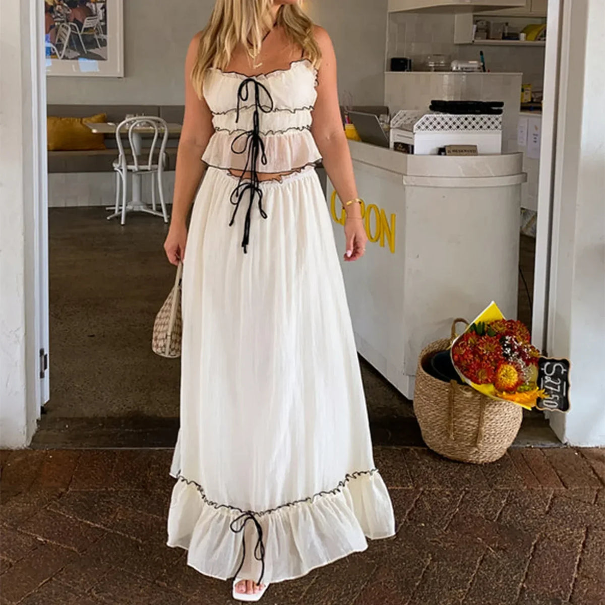 Ruffles Tie-Up Crop Top A-line Maxi Skirt Two Pieces Set
