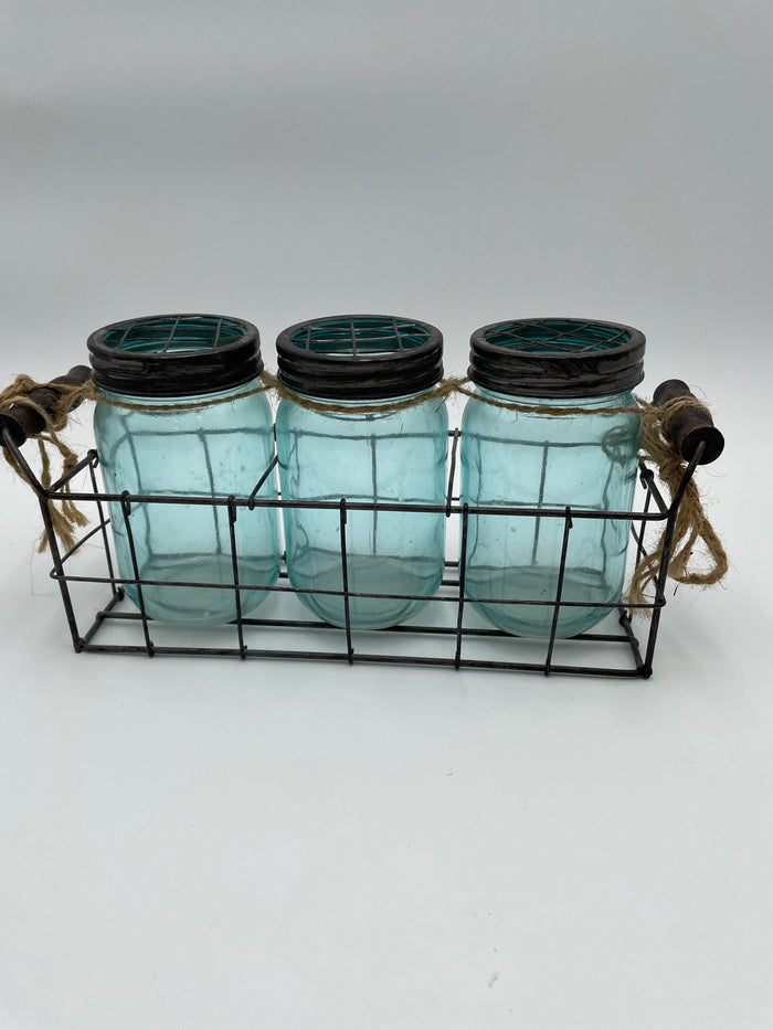 SET OF 3 BLUE GLASS JARS IN WIRE BASKET