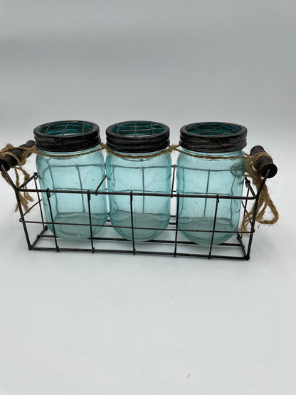 SET OF 3 BLUE GLASS JARS IN WIRE BASKET