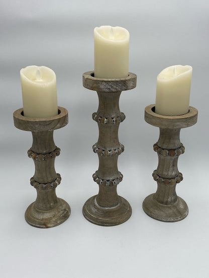 SET OF 3 CANDLE HOLDERS WOOD WITH BEADED DETAIL