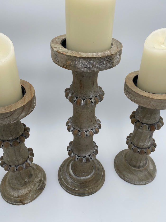 SET OF 3 CANDLE HOLDERS WOOD WITH BEADED DETAIL