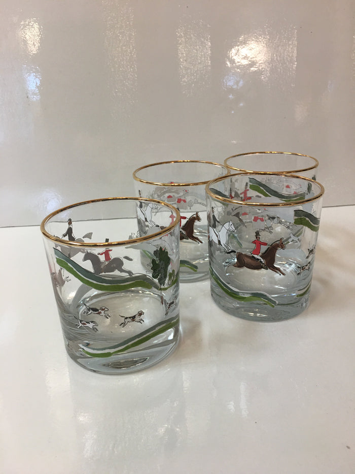 SET OF 4 HUNT SCENE BOURBON GLASSES