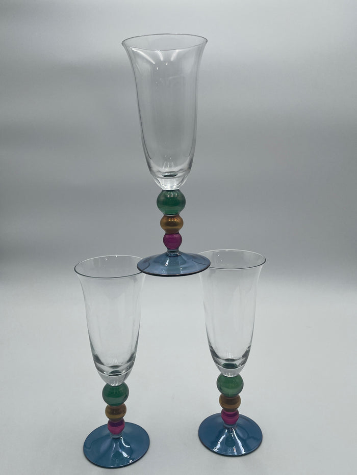 SET OF 8 CHAMPAGNE FLUTE COLORFUL STACKED GLASS BEAD BASE