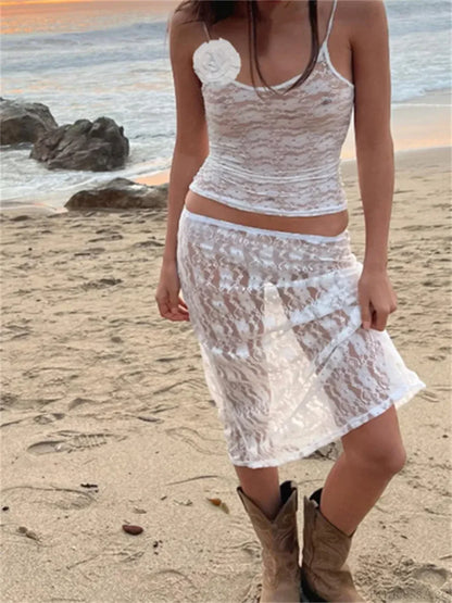 Sexy Floral Lace Strap Tank Camis Crop Top with See-through Long Skirt Set