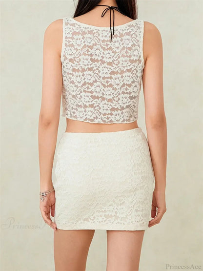 Sexy Lace Sleeveless Tank Crop Top with Short Mini Skirt Set