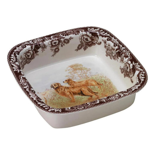 10-inch square porcelain baking dish featuring a brown floral border and a hunting dog illustration from the Spode Woodland collection.