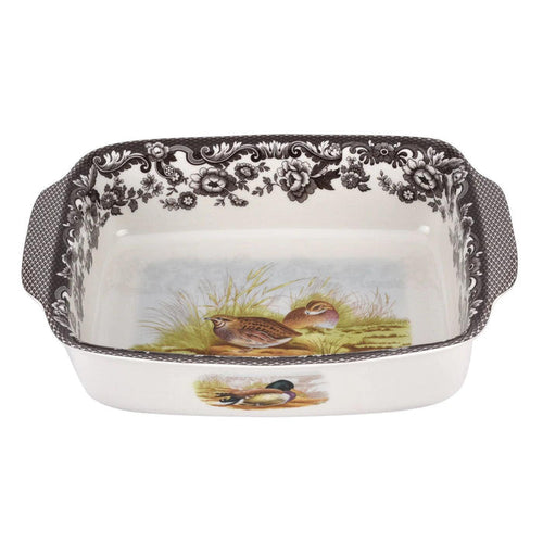 Spode Woodland rectangular ceramic casserole dish with quail motif and black floral border, 12 by 9.5 inches.