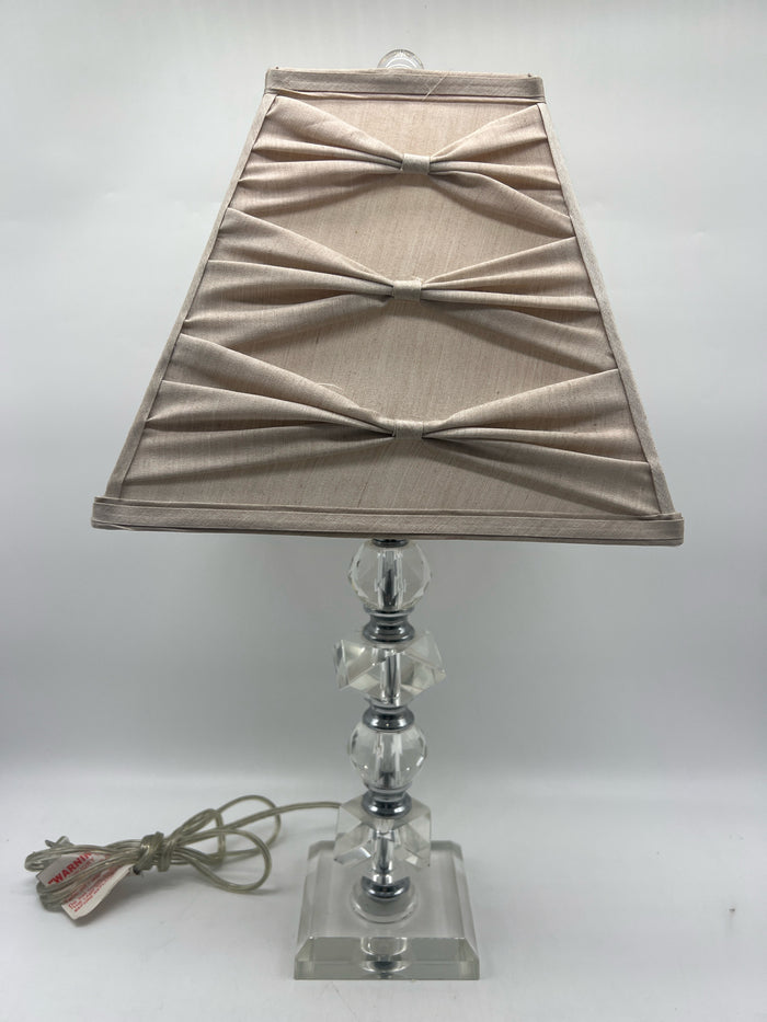 STACKED ACRYLIC LAMP SILVER DETAIL AND CREME BOW SHADE