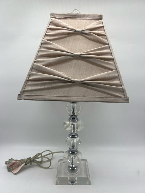 STACKED ACRYLIC LAMP SILVER DETAIL AND CREME BOW SHADE