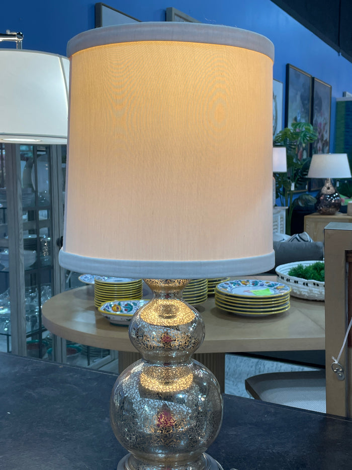 TABLE LAMP PAIR MULTI TIERED MERCURY GLASS SILVER DETAIL
