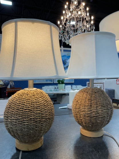 TABLE LAMP PAIR  WICKER ROUND BASE WITH WHITE SHADE