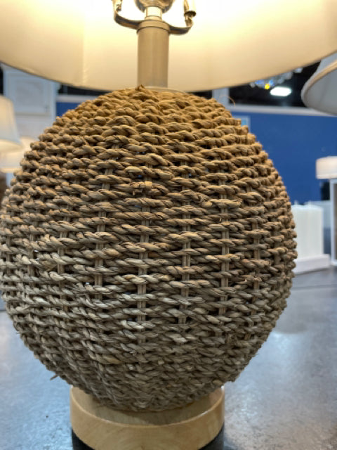 TABLE LAMP PAIR  WICKER ROUND BASE WITH WHITE SHADE