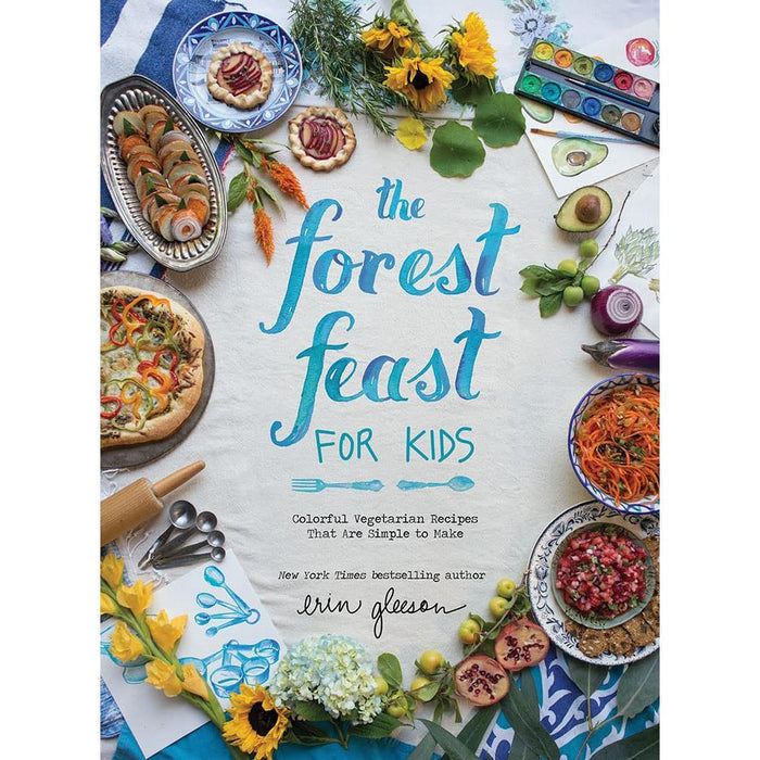 The Forest Feast for Kids cookbook cover featuring vibrant vegetarian dishes, watercolor illustrations, and sunflowers.
