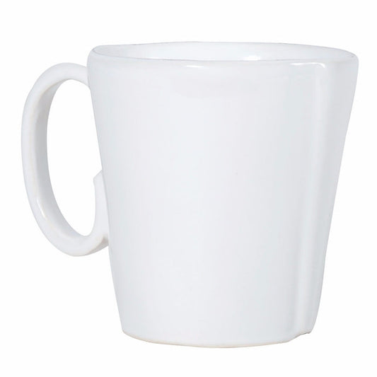 Handcrafted white Vietri Lastra mug with a signature overlapping strap design, 4 inches tall.