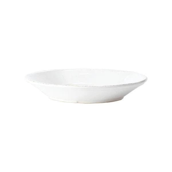 White Vietri Lastra pasta bowl with rustic textured edges, crafted in Italy from ceramic, 8.75 inches in diameter.