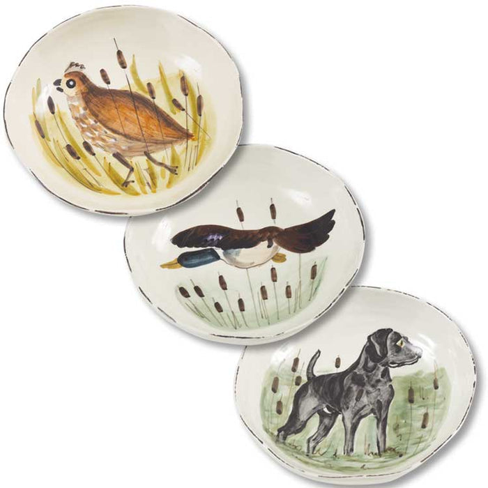 Three hand-painted 8.5-inch Tuscan ceramic pasta bowls featuring whimsical wildlife motifs of a bird, duck, and dog.