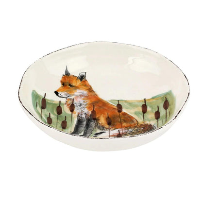 Hand-painted 8.5-inch ceramic pasta bowl featuring a whimsical fox illustration in a rustic Tuscan style.