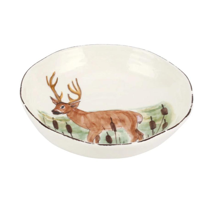 Hand-painted 8.5-inch ceramic pasta bowl featuring a whimsical deer motif in a rustic Tuscan style.