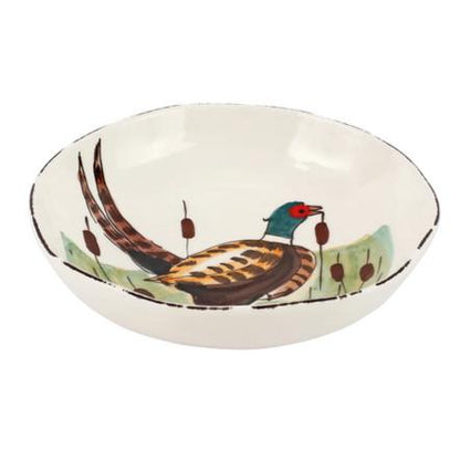 Hand-painted 8.5-inch Tuscan ceramic pasta bowl featuring a colorful pheasant and cattails on a cream background.