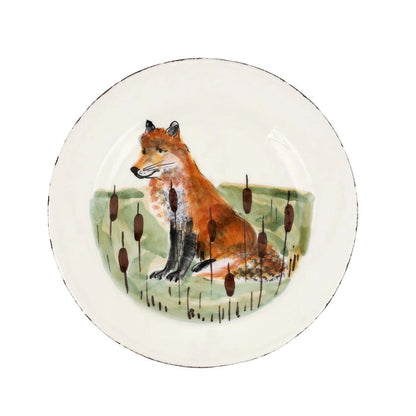 Hand-crafted 8.5-inch ceramic salad plate featuring a hand-painted fox in a marsh setting with a rustic, distressed rim.