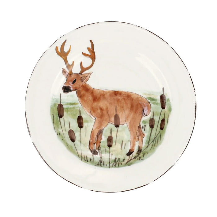 Hand-crafted 8.5-inch ceramic salad plate featuring a hand-painted deer in a marsh setting with a rustic distressed rim.
