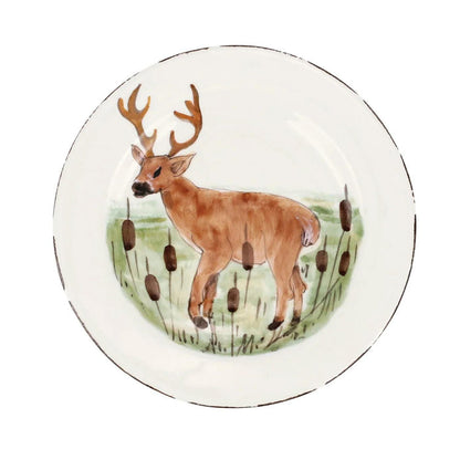 Hand-crafted 8.5-inch ceramic salad plate featuring a hand-painted deer in a marsh setting with a rustic distressed rim.