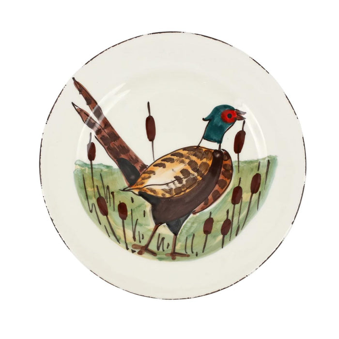 Hand-crafted 8.5-inch ceramic salad plate featuring a hand-painted mallard duck in a marsh setting on a cream background.